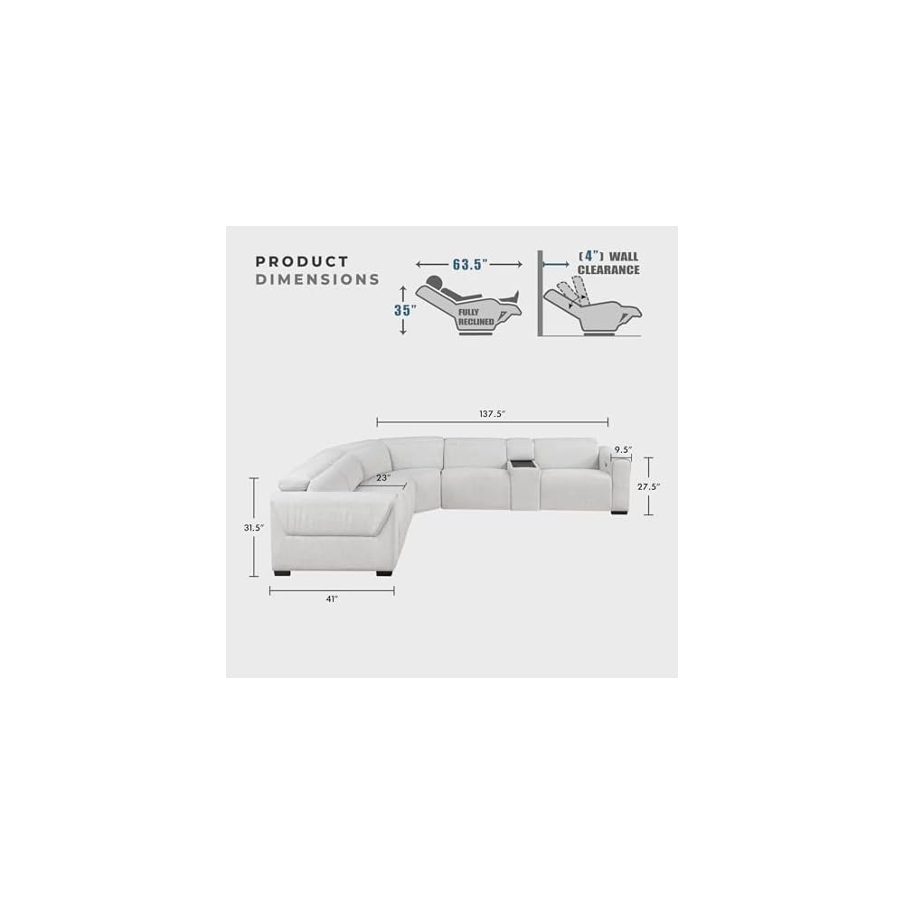 Lexicon Power Reclining Sectional Couches for Living Room-Modular Sectional Sofa, Wall Hugger,3 Recliner Seats, Console Cup Holders, Power Headrests, Charging Ports, 5 Seater Couch, Chenille Cloud