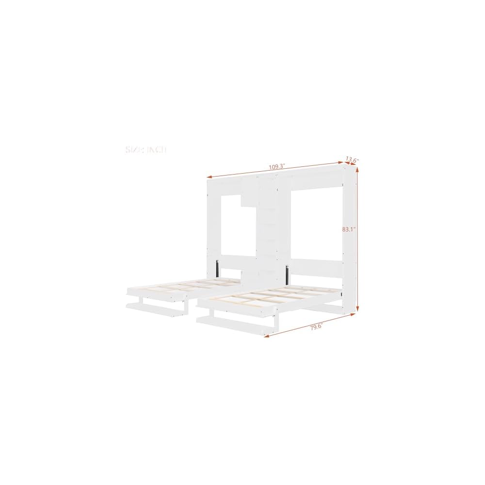 GOWE Dual Twin Size Wall Murphy Beds with Cabinets and Shelves, White(Old SKU:N820S00058K)