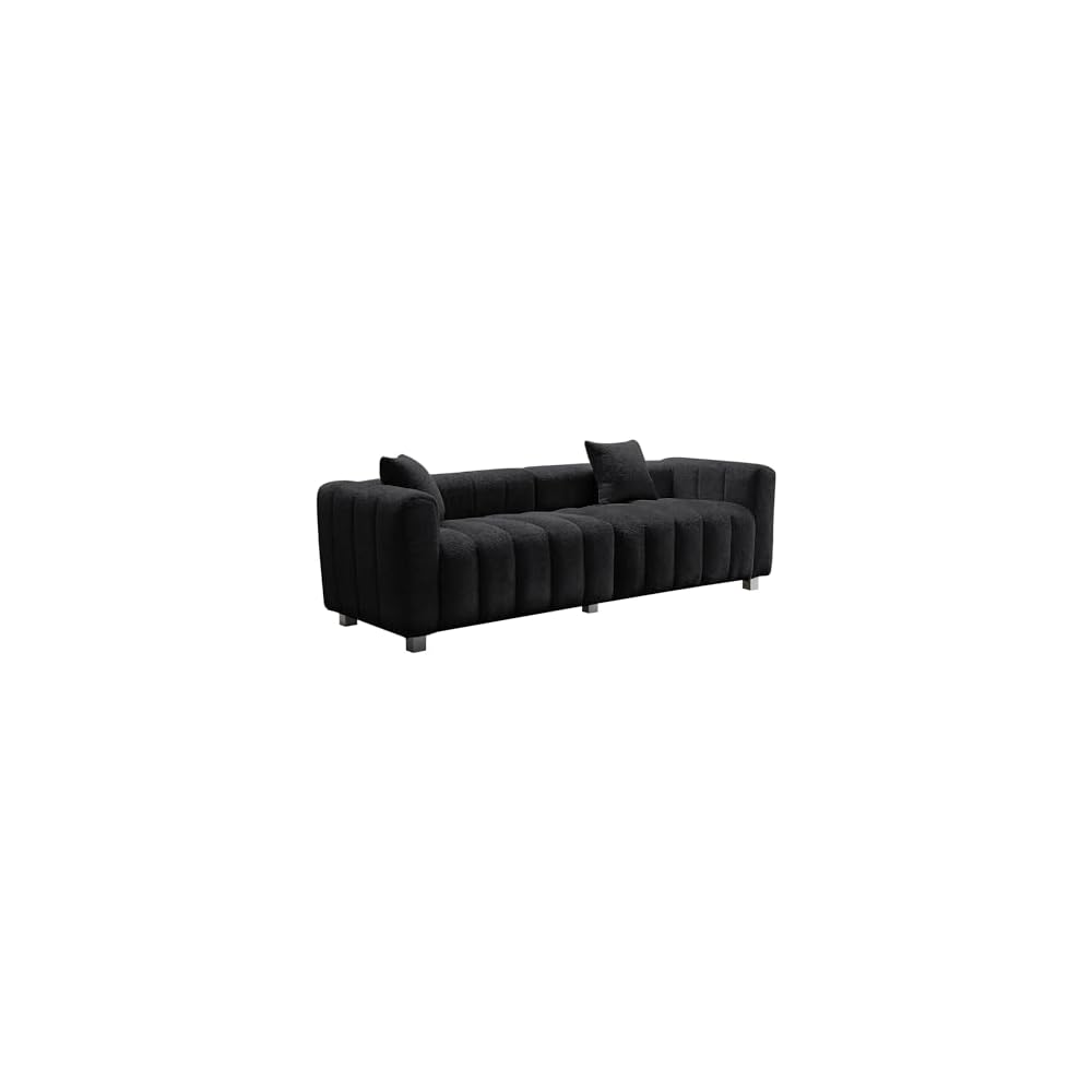87.4" Piano Tufted Teddy Velvet 3-Seater Sofa, Black