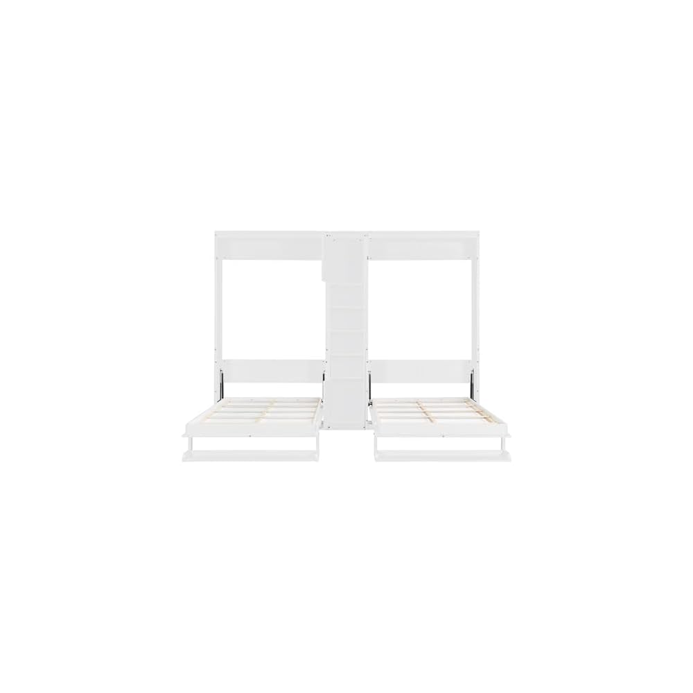 GOWE Dual Twin Size Wall Murphy Beds with Cabinets and Shelves, White(Old SKU:N820S00058K)