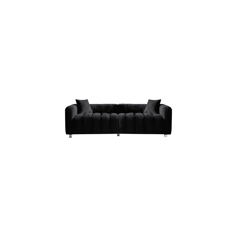87.4" Piano Tufted Teddy Velvet 3-Seater Sofa, Black