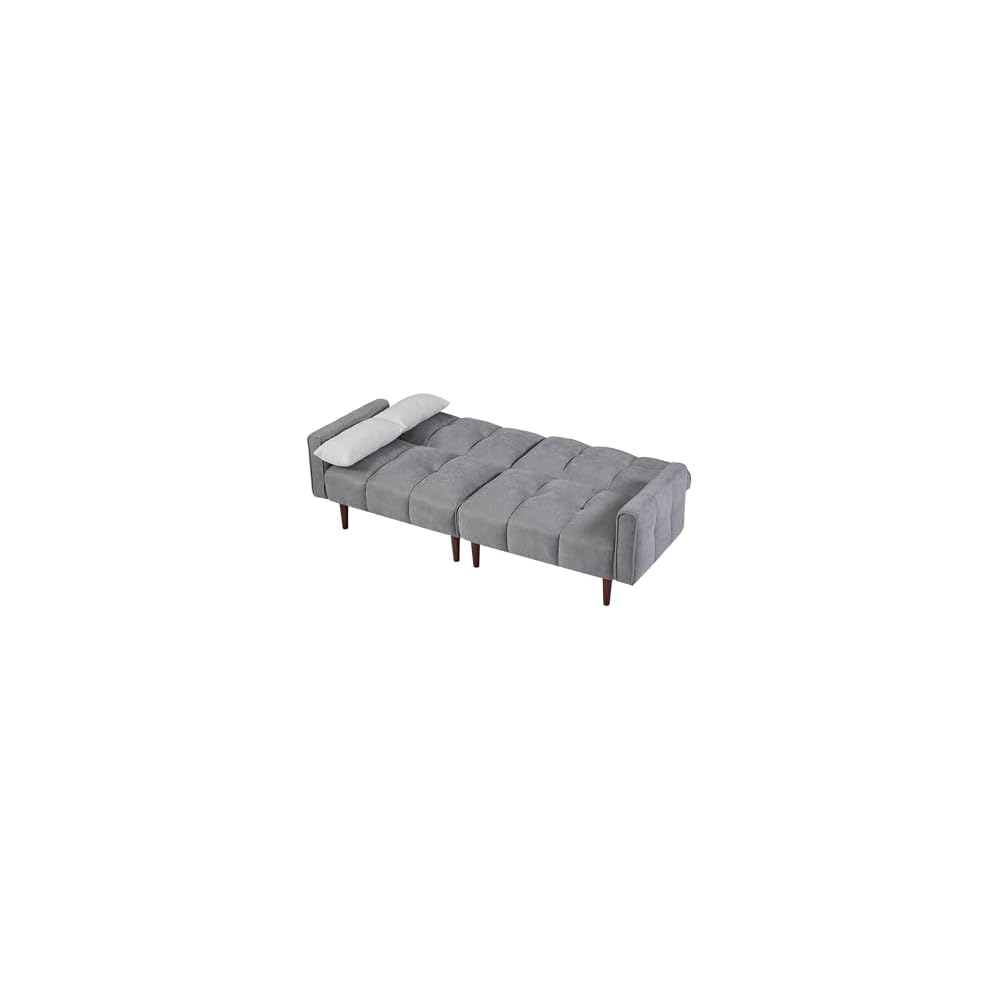 Convertible Futon Sofa Bed, Modern 81'' Adjustable Couch Sleeper, 2 Single Sofa Chairs, Upholstered Loveseat with Wooden Legs and 2 Pillows for Living Room, RV, Reclining Lounge Sofa (Gray)