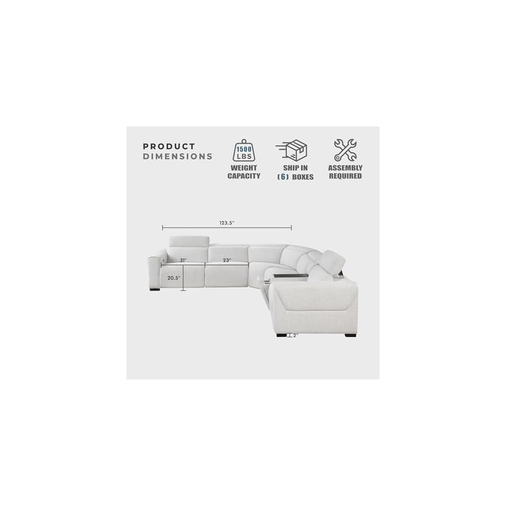 Lexicon Power Reclining Sectional Couches for Living Room-Modular Sectional Sofa, Wall Hugger,3 Recliner Seats, Console Cup Holders, Power Headrests, Charging Ports, 5 Seater Couch, Chenille Cloud