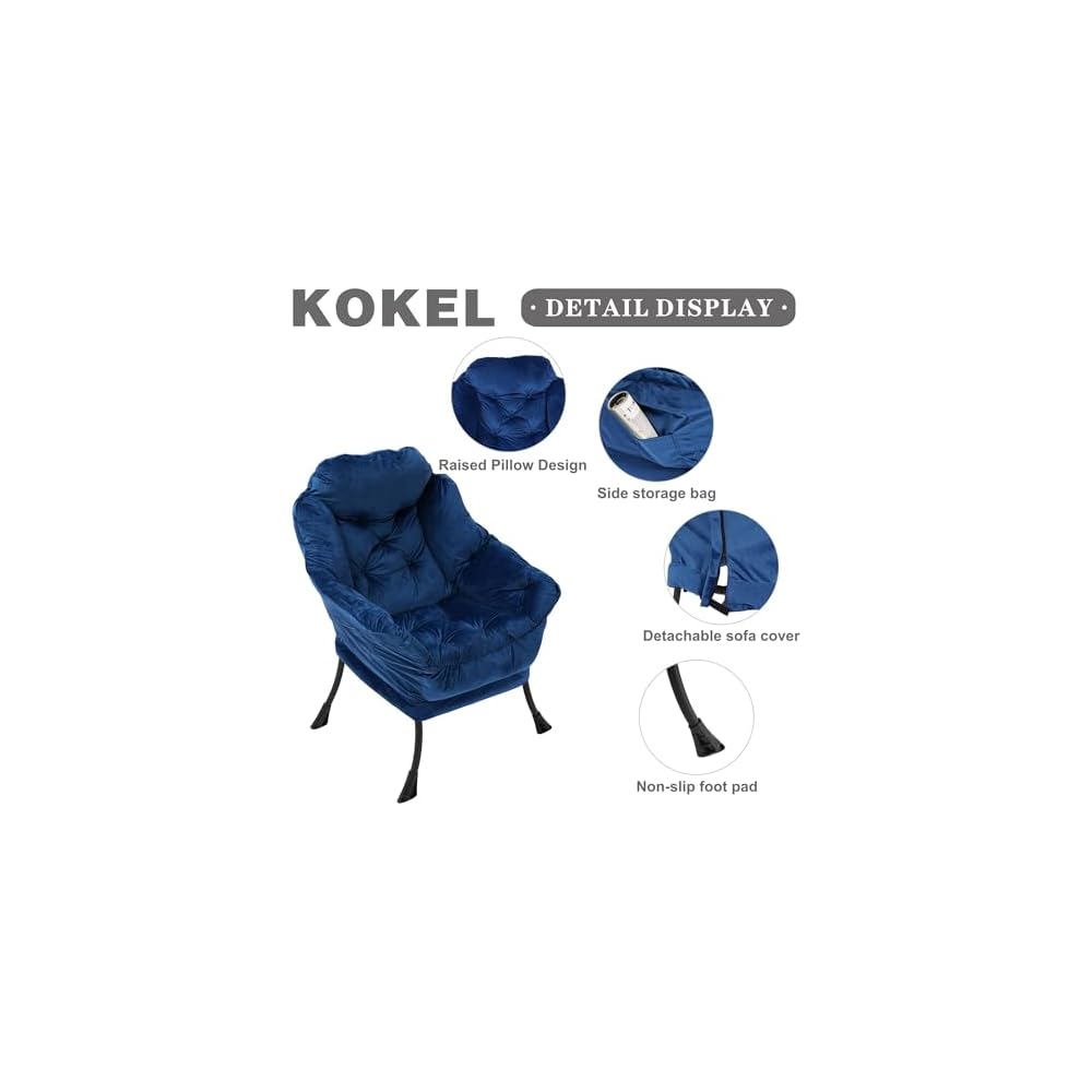 Kokel Lazy Chair with Folding Ottoman,Living Room Chairs, Accent Contemporary Lounge Chair, Single Steel Frame Leisure Sofa Chair with Armrests and A Side Pocket (Blue)