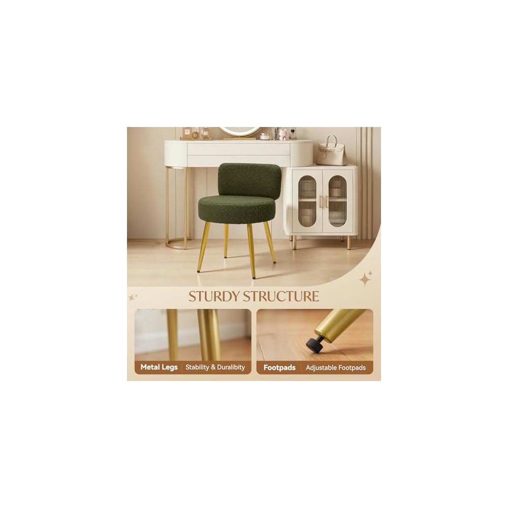 Warmiehomy Cute Vanity Chair with Back - Girls Fluffy Makeup Chair for Vanity - Small Cozy Desk Chair No Wheels for Bedroom Home Office Living Room (Green)