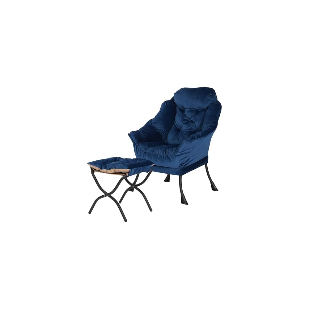 Kokel Lazy Chair with Folding Ottoman,Living Room Chairs, Accent Contemporary Lounge Chair, Single Steel Frame Leisure Sofa Chair with Armrests and A Side Pocket (Blue)