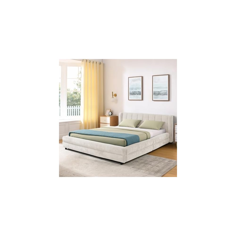 Queen Size Bed Frame with Vertical Channel Headboard, Chenille Upholstered Platform Bed, Solid Wooden Slat Support and 4 Drawers, No Box Spring Needed, Easy Assembly, Beige