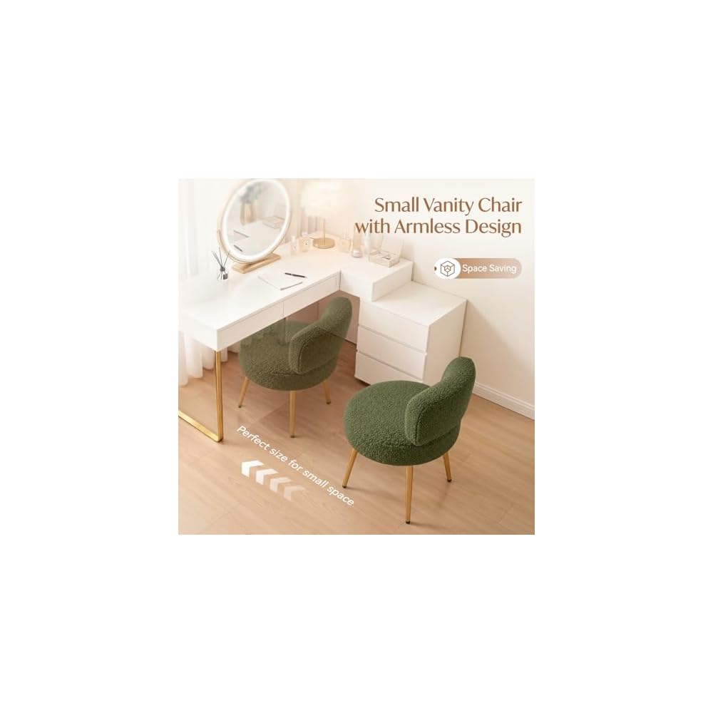 Warmiehomy Cute Vanity Chair with Back - Girls Fluffy Makeup Chair for Vanity - Small Cozy Desk Chair No Wheels for Bedroom Home Office Living Room (Green)