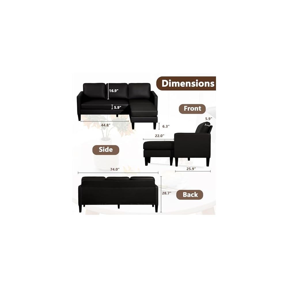Convertible Sectional Sofa Couch for Living Room, L-Shaped Couch 3 Seats Sofas, Movable Ottoman Small Sofa Mid Century for Small Apartments, Living Room and Office (Faux Leather, Black)