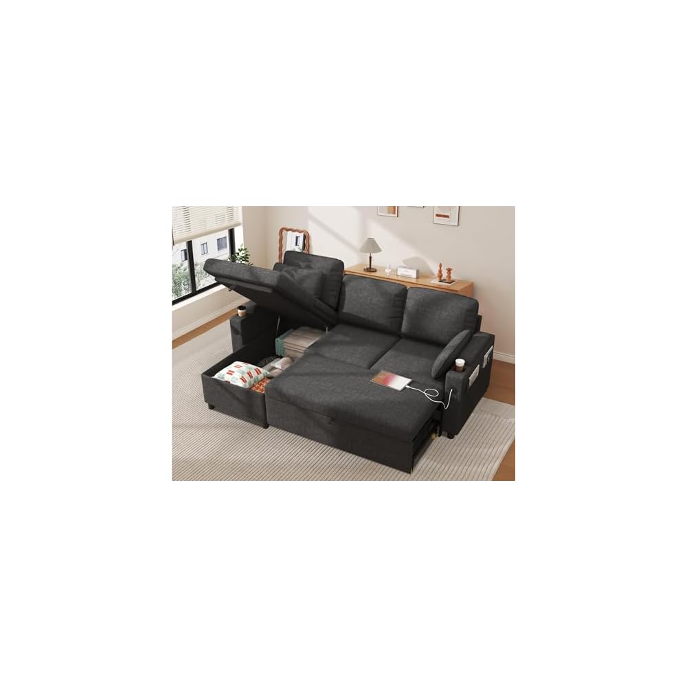 DURASPACE Sofa Bed, Sleeper Sofa Couch with Pullout Bed for Living Room, L Shaped Couch with Storage Chaise, USB, Cup Holder (Dark Gray)