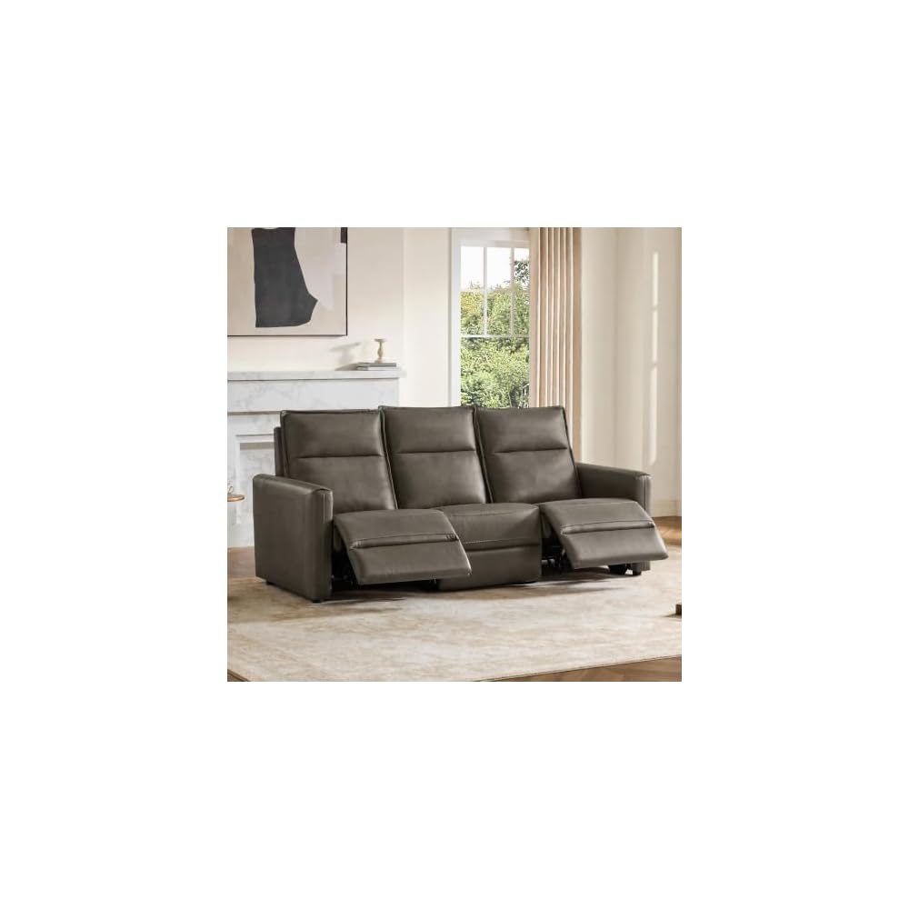 CHITA Genuine Leather Couch, 3-seat 2 Power Recliner Sofa, Dark Gray