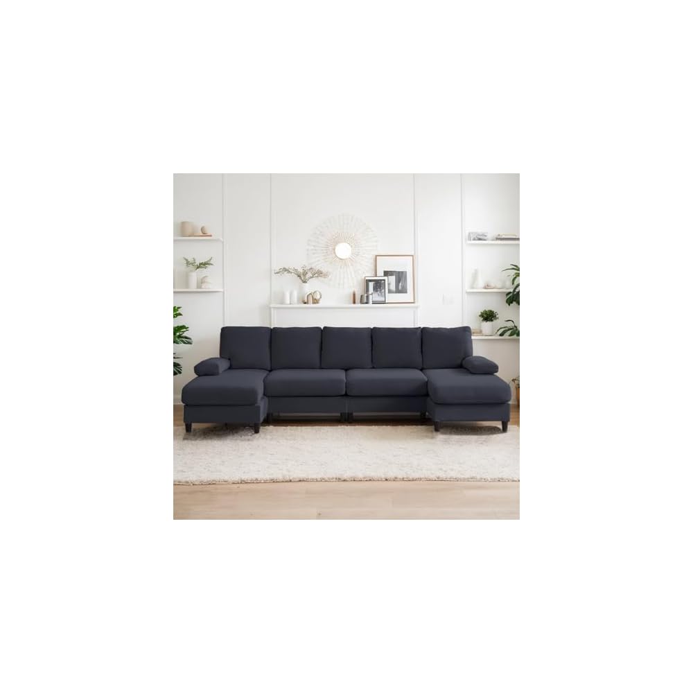 ijuicy U Shaped Sofa Couch with Double Chaises, 114" Sectional Sofa with Sleepable Armrest, 4 Seat Couch with Chaises, Sectional Couches for Living Room, Apartment (Linen, Dark Grey)
