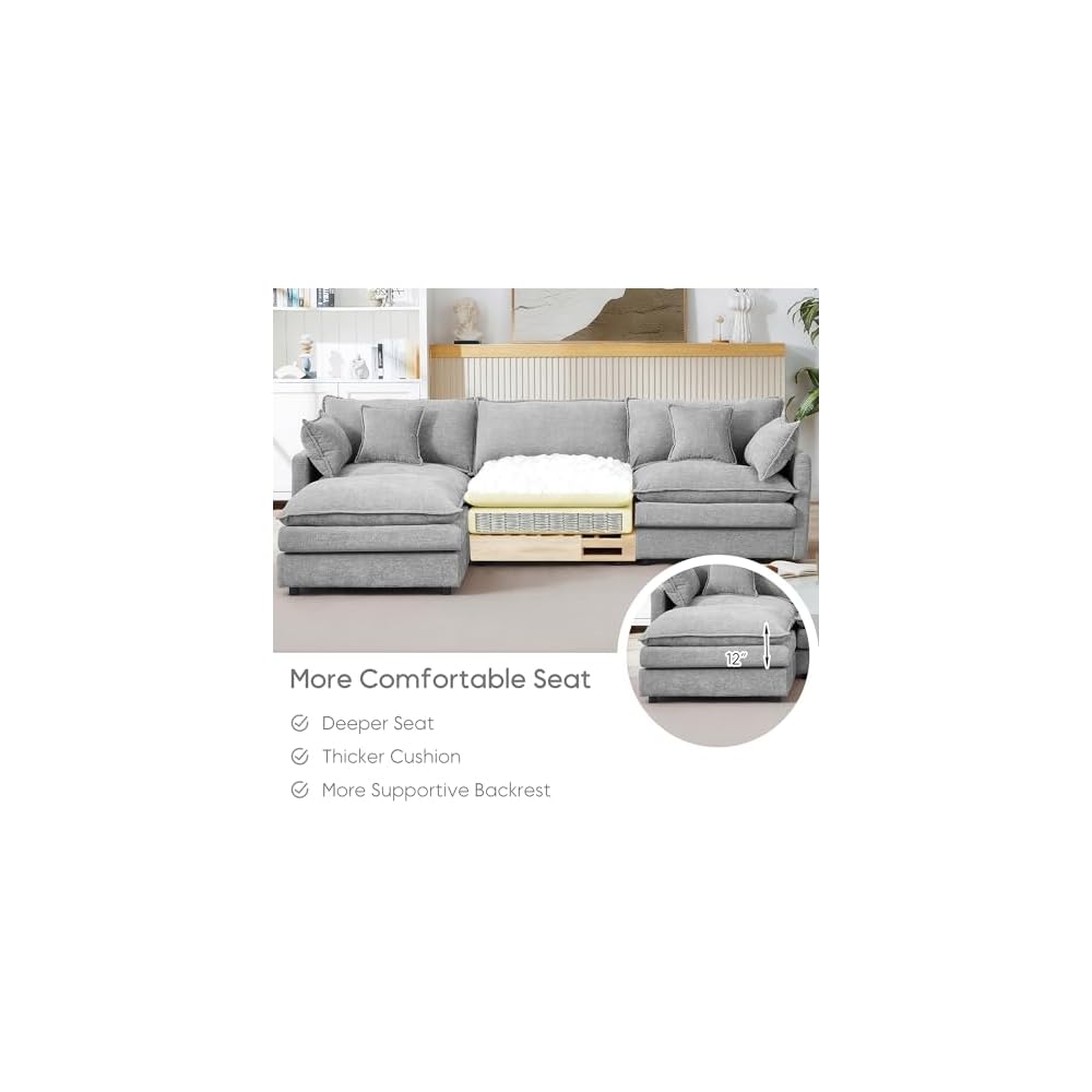 102" L Shaped Modular Sectional Sofa, Comfy Upholstery Chenille Cloud Couch with Ottoman, Modern 4-Seat Deep Seat Sofa with Pillow for Living Room, Bedroom, Apartment, Grey