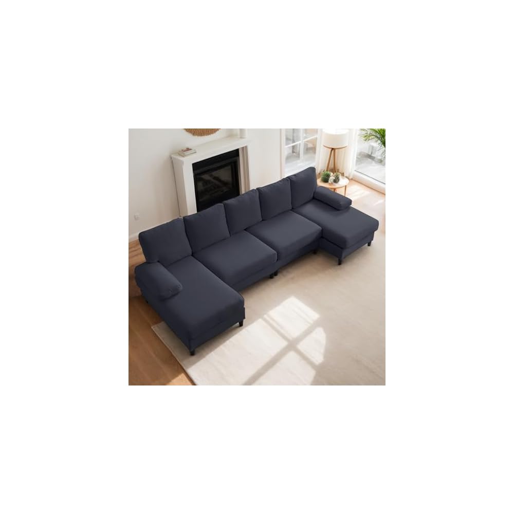 ijuicy U Shaped Sofa Couch with Double Chaises, 114" Sectional Sofa with Sleepable Armrest, 4 Seat Couch with Chaises, Sectional Couches for Living Room, Apartment (Linen, Dark Grey)