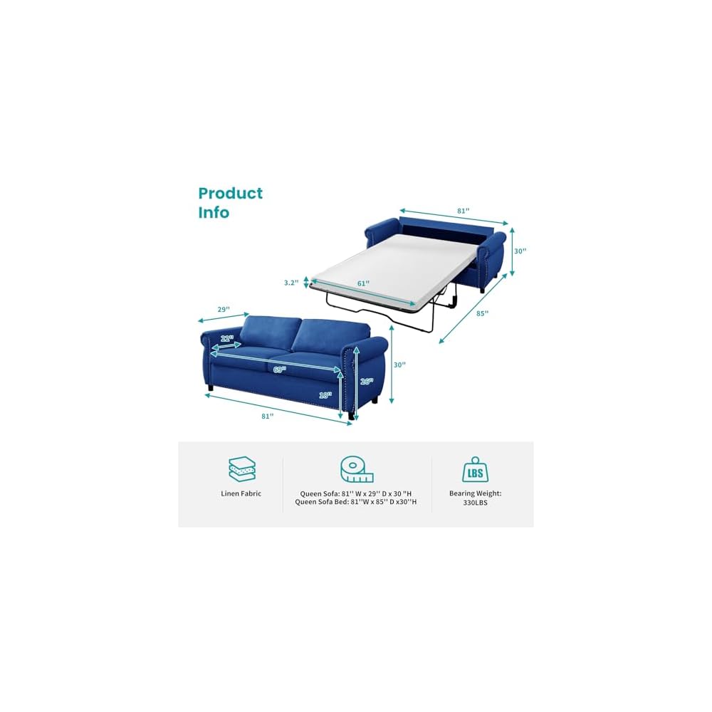 BALUS Pull Out Sofa Bed Queen, 2-in-1 Convertible Sofa Sleeper Bed with Nailhead Armrests, Pull Out Couch with Thickened Cushions and Memory Foam Mattress for Living Room Guest Room, Blue