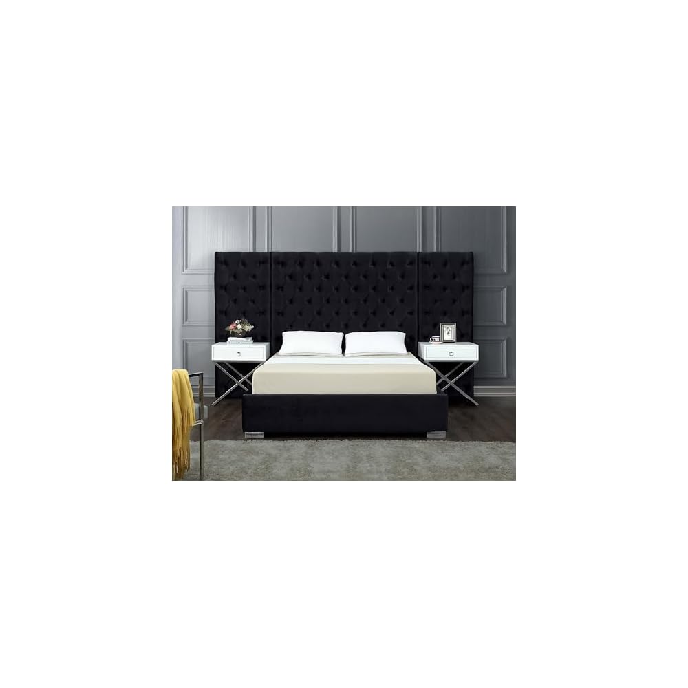 Meridian Furniture Grande Collection Modern | Contemporary Velvet Upholstered Bed with Luxurious Deep Button Tufting and Stainless Steel Legs in Polished Chrome Finish, Black, King