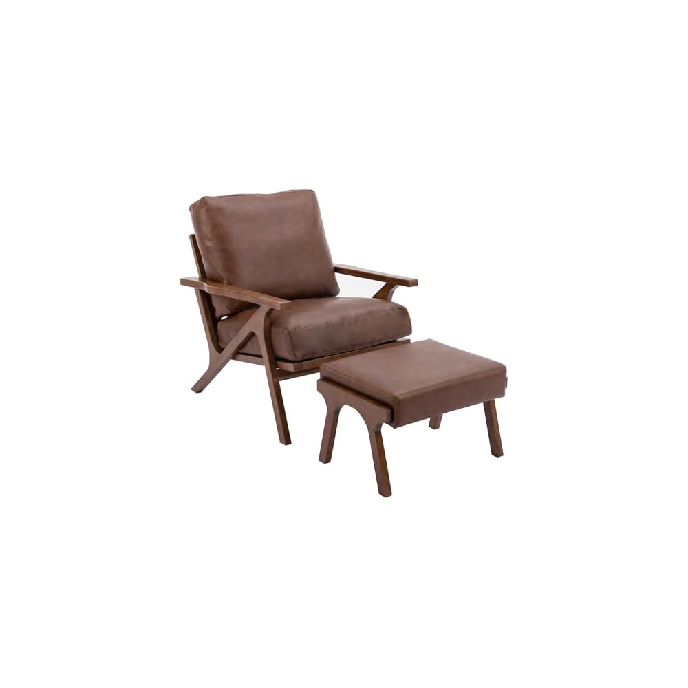 Mid Century Modern Accent Chair with ottoman, Farmhouse Linen Upholstered Living Room Armchair and Ottoman Set, 23" Seat Wide Retro Leisure Lounge Chair with Wood Frame for Home, Bedroom, Office, Grey