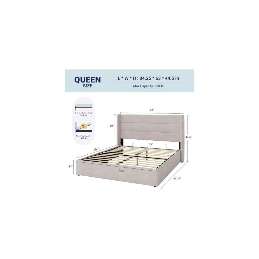 Allewie Queen Size Lift Up Hydraulic Storage Bed Frame Light Beige