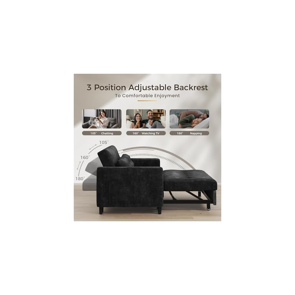 KKL 3 in 1 Convertible Sleeper Sofa Bed, Pull Out Couch Bed with Adjustable Backrest, Chenille Little Loveseat Couches with Side Pocket, Small Futon Sofa Beds Couch for Living Room, Bedroom (Black)