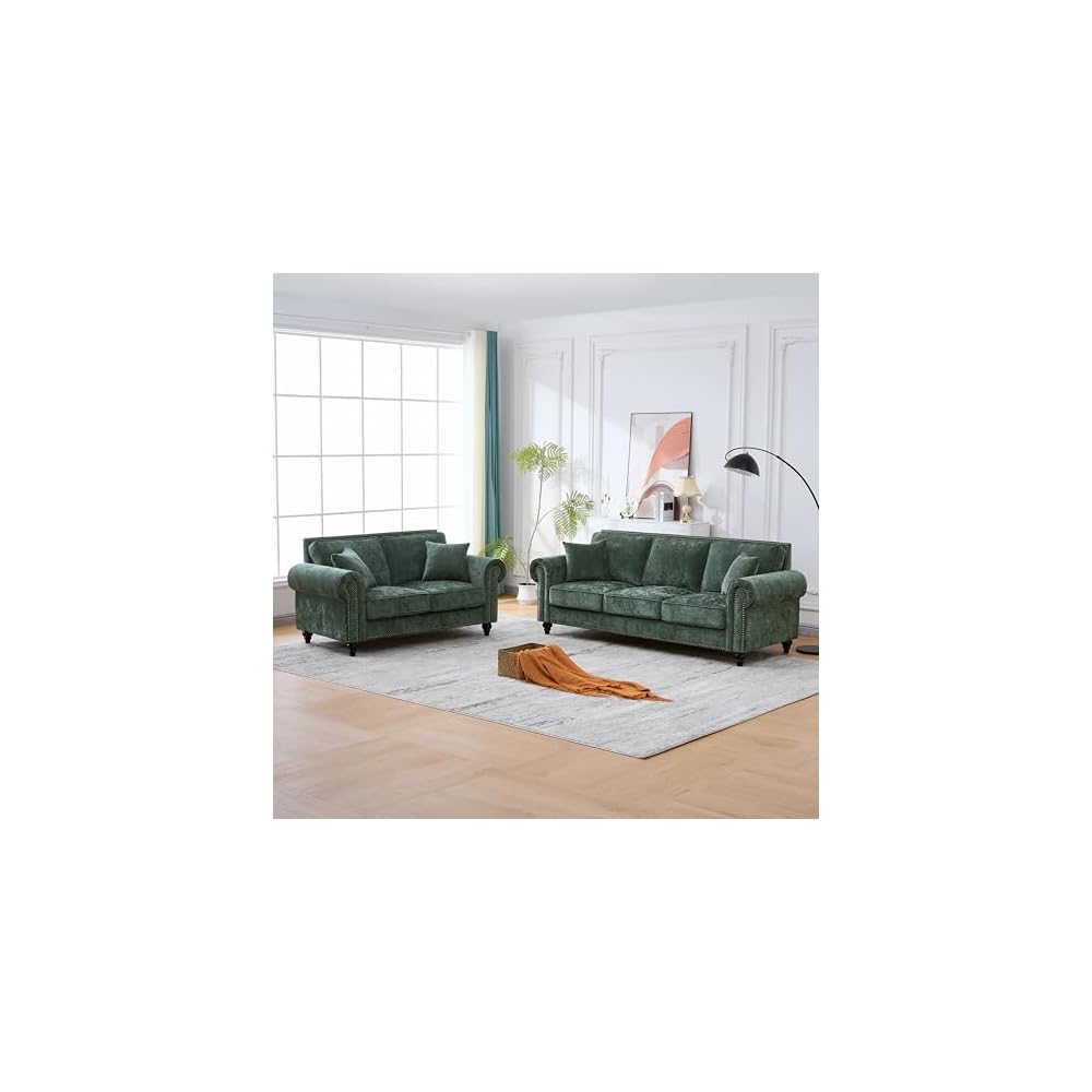 86.5" Classic Chenille Sofa Couch 3-Seater | Chesterfield Style with Traditional Rolled Arms, Nailhead Trim & Solid Wood Frame | Living Room Upholstered Couch | Green
