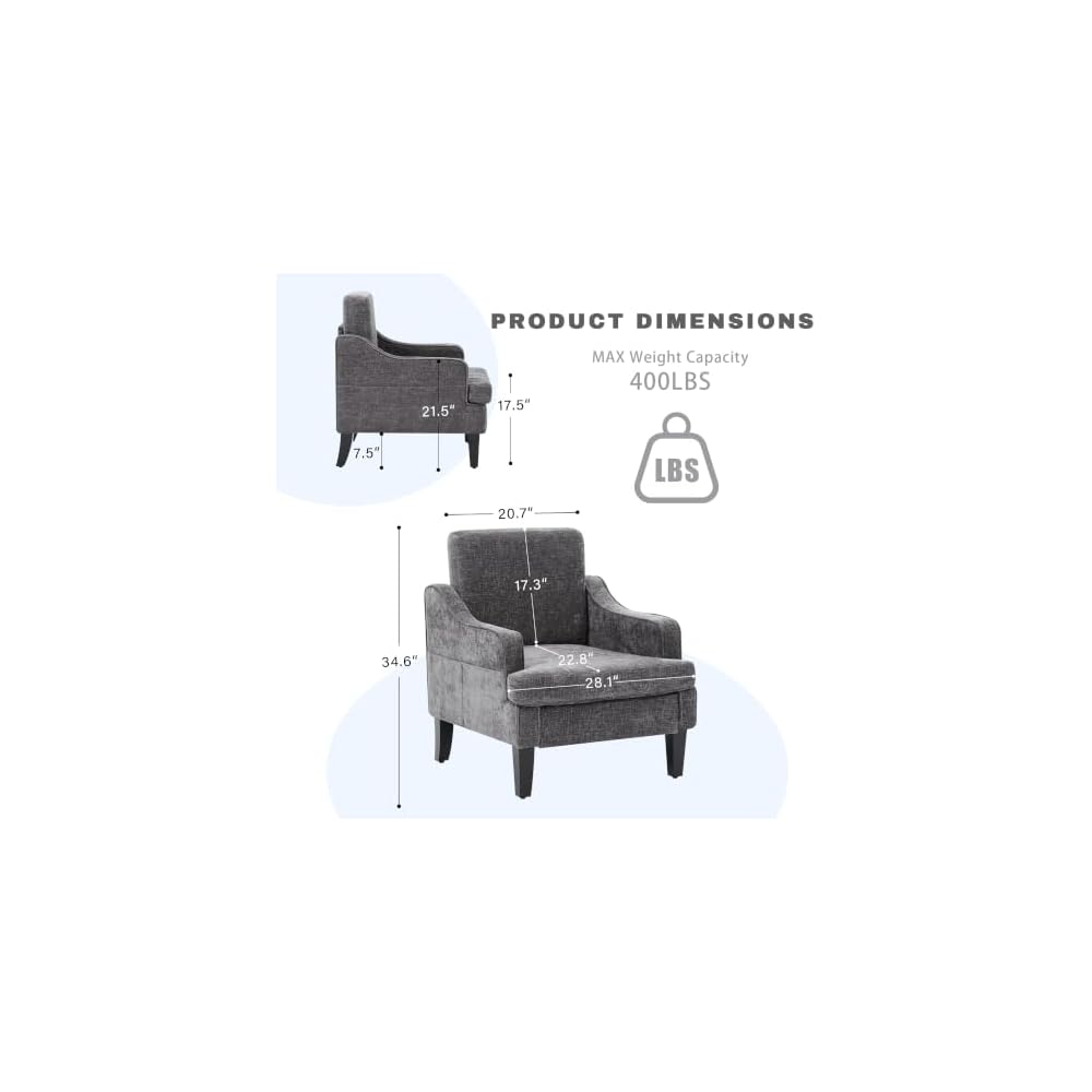 Mid-Century Accent Chair, Comfy Arm Chair Upholstered Living Room Chair for Bedroom, Fabric Reading Chair with Wood Legs for Apartment, Waiting Room, Vanity Room (Darkgray)