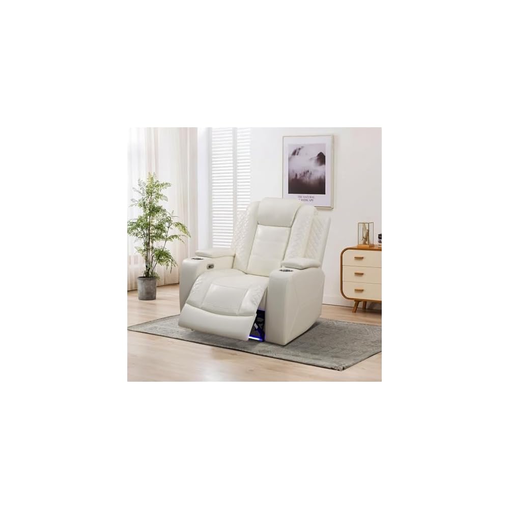 Recliner Chair White Breathing Leather USB charging cup-holder Living Room