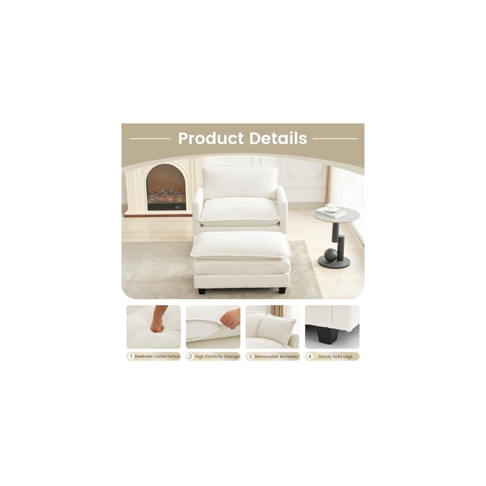 ROWHY Convertible Sectional Couch with Ottoman, Single Armchair with armrests, Modern Living Room Furniture Set, Small Couches for Small Spaces, for Living Room, Chenille, Beige