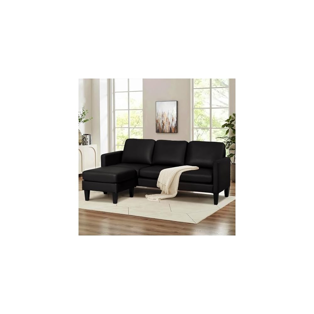 Convertible Sectional Sofa Couch for Living Room, L-Shaped Couch 3 Seats Sofas, Movable Ottoman Small Sofa Mid Century for Small Apartments, Living Room and Office (Faux Leather, Black)