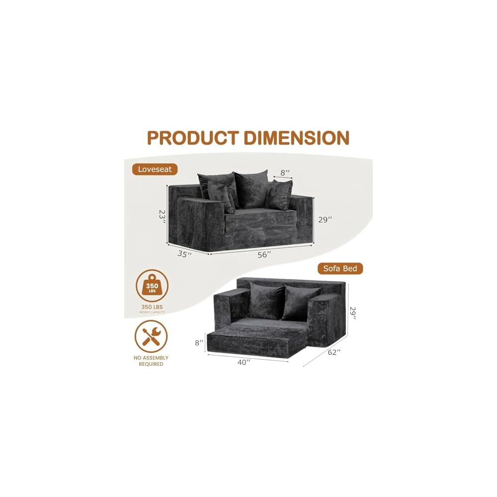 56" Boneless Couch, 5-in-1 Boneless Loveseat Sleeper Sofa Bed, Mini Convertible Pull Out Corduroy Futon Couch with Side Pockets & Handle, Folding Floor Sofa Bed with 4 Pillows for Small Space