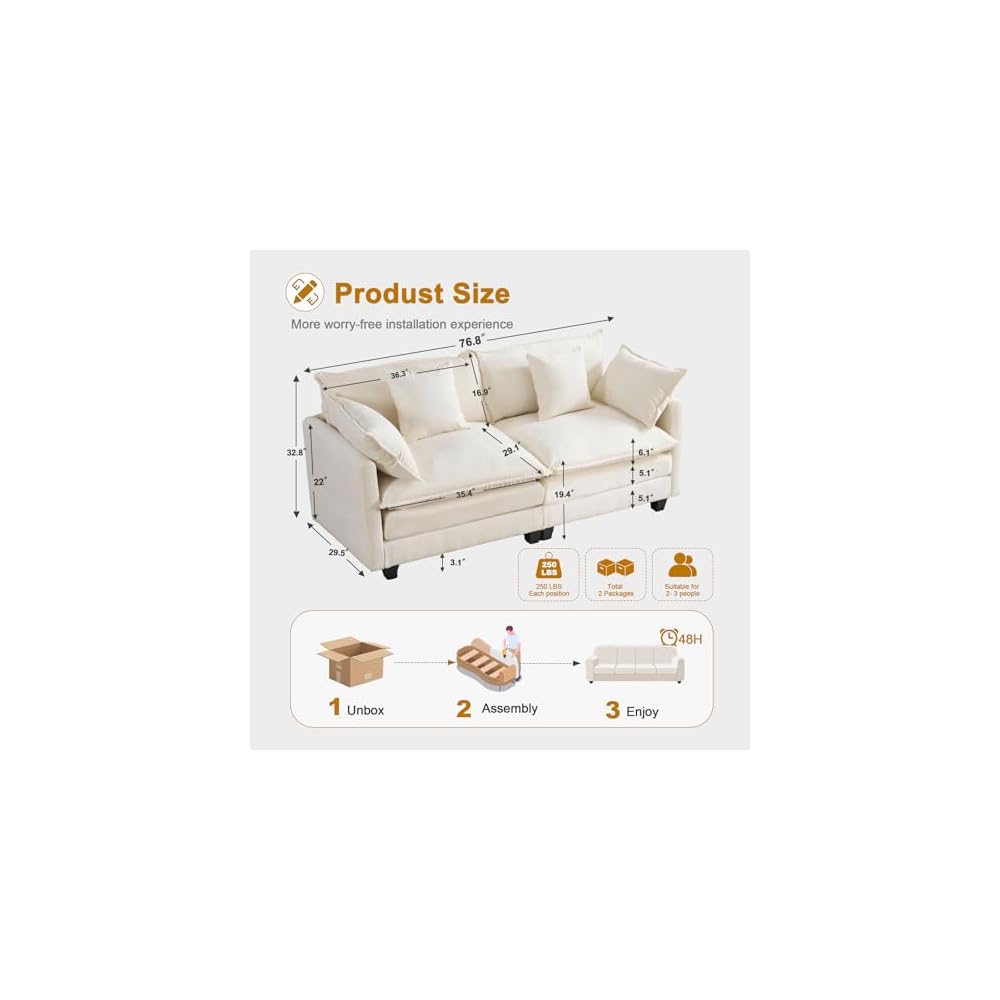 77" Loveseat Sofa Couch｜Small Cloud 2-Seater Sectional Sofa with 29.1" Deep Seat｜FSC Certified Solid Wood & Metal Frame｜Easy Assembly & 1YR Guarantee｜for Apartment Living Room Bedroom｜Beige