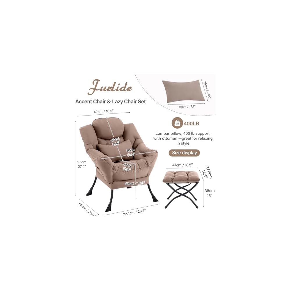 Furlide Lazy Chair with Ottoman, Comfy Reading Chair with Pillow， Khaki