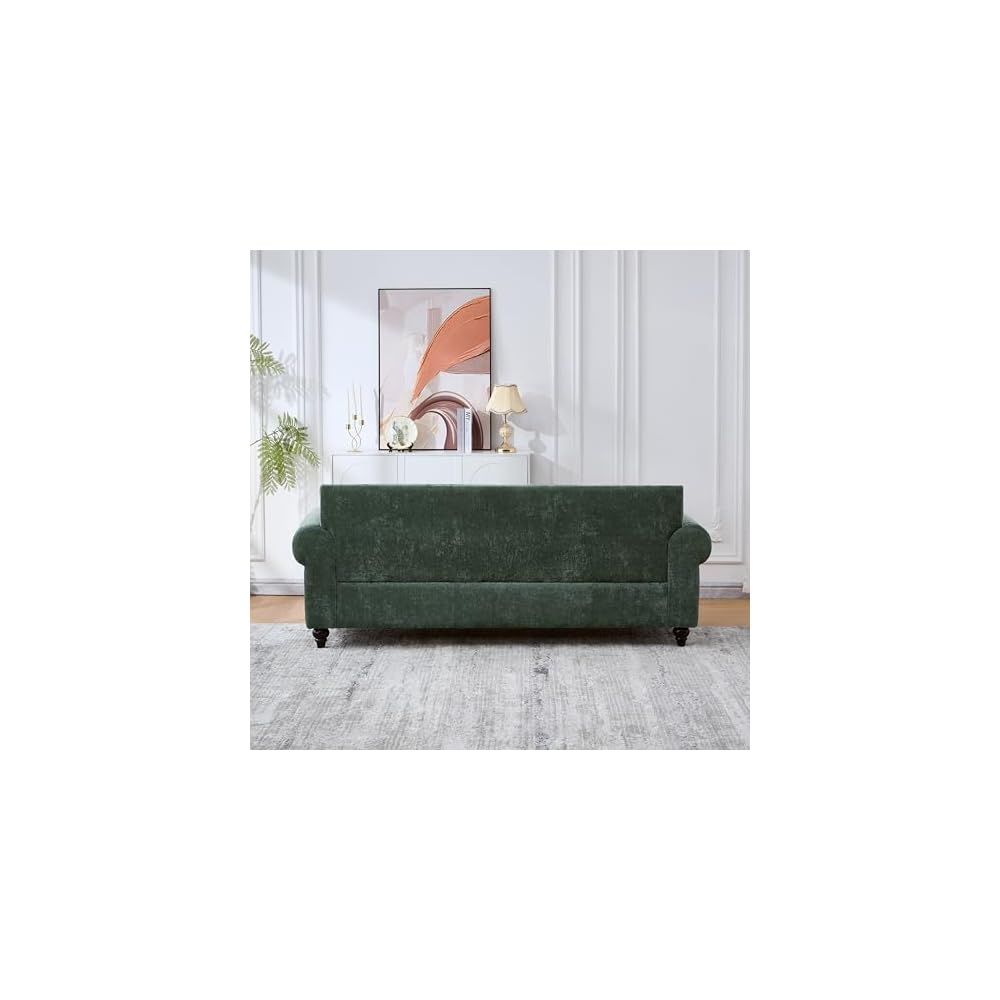 86.5" Classic Chenille Sofa Couch 3-Seater | Chesterfield Style with Traditional Rolled Arms, Nailhead Trim & Solid Wood Frame | Living Room Upholstered Couch | Green