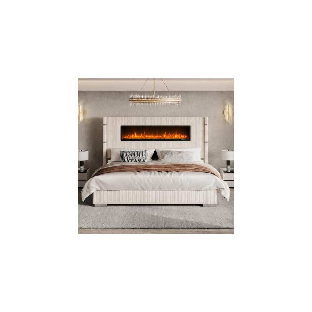 AMERLIFE Cal King Fireplace Bed Frame, Upholstered Headboard, Cream