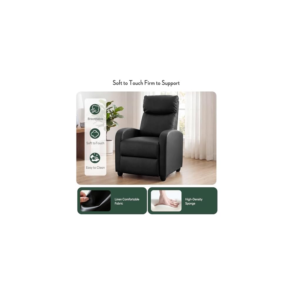 Recliner Chair, Recliner Sofa PU Leather for Adults, Recliners Home Theater Seating with Lumbar Support, Reclining Sofa Chair for Living Room, Black