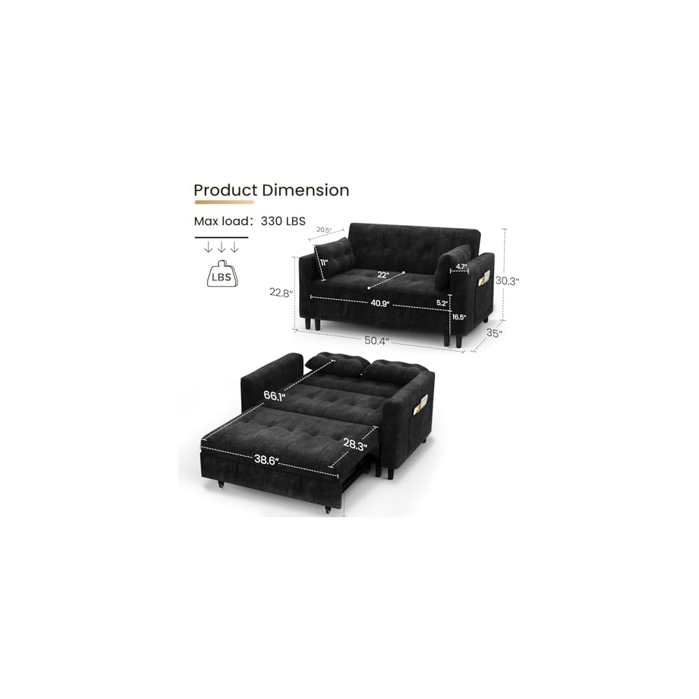 KKL 3 in 1 Convertible Sleeper Sofa Bed, Pull Out Couch Bed with Adjustable Backrest, Chenille Little Loveseat Couches with Side Pocket, Small Futon Sofa Beds Couch for Living Room, Bedroom (Black)