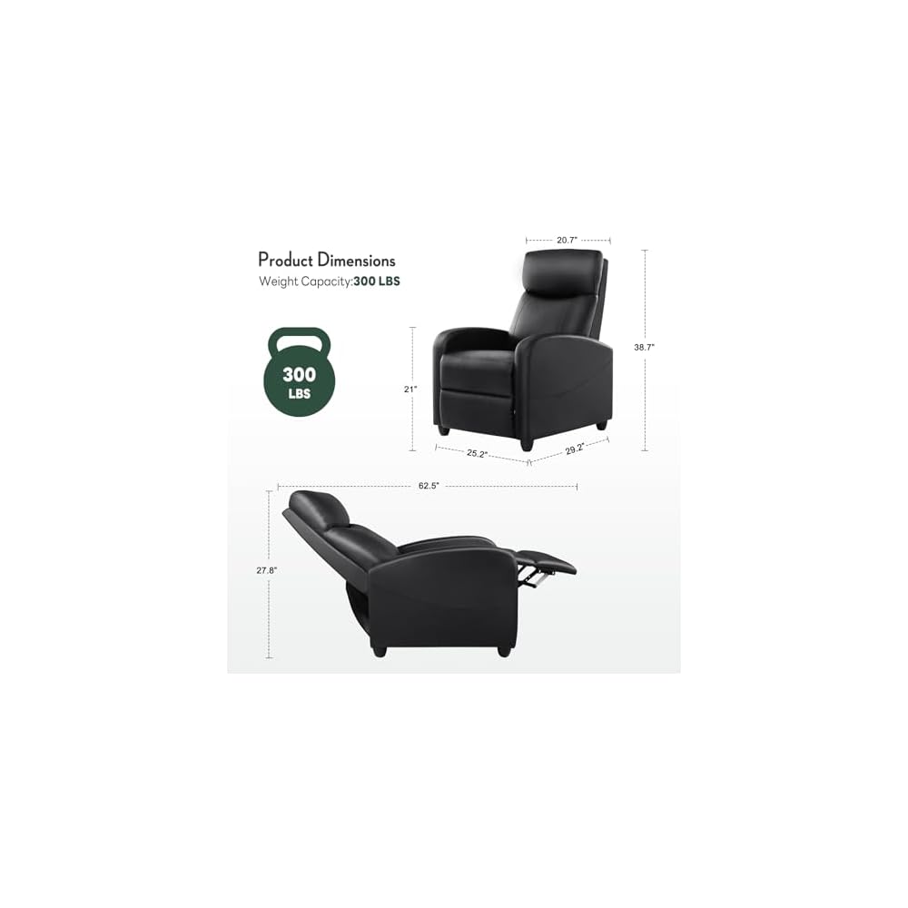 Recliner Chair, Recliner Sofa PU Leather for Adults, Recliners Home Theater Seating with Lumbar Support, Reclining Sofa Chair for Living Room, Black