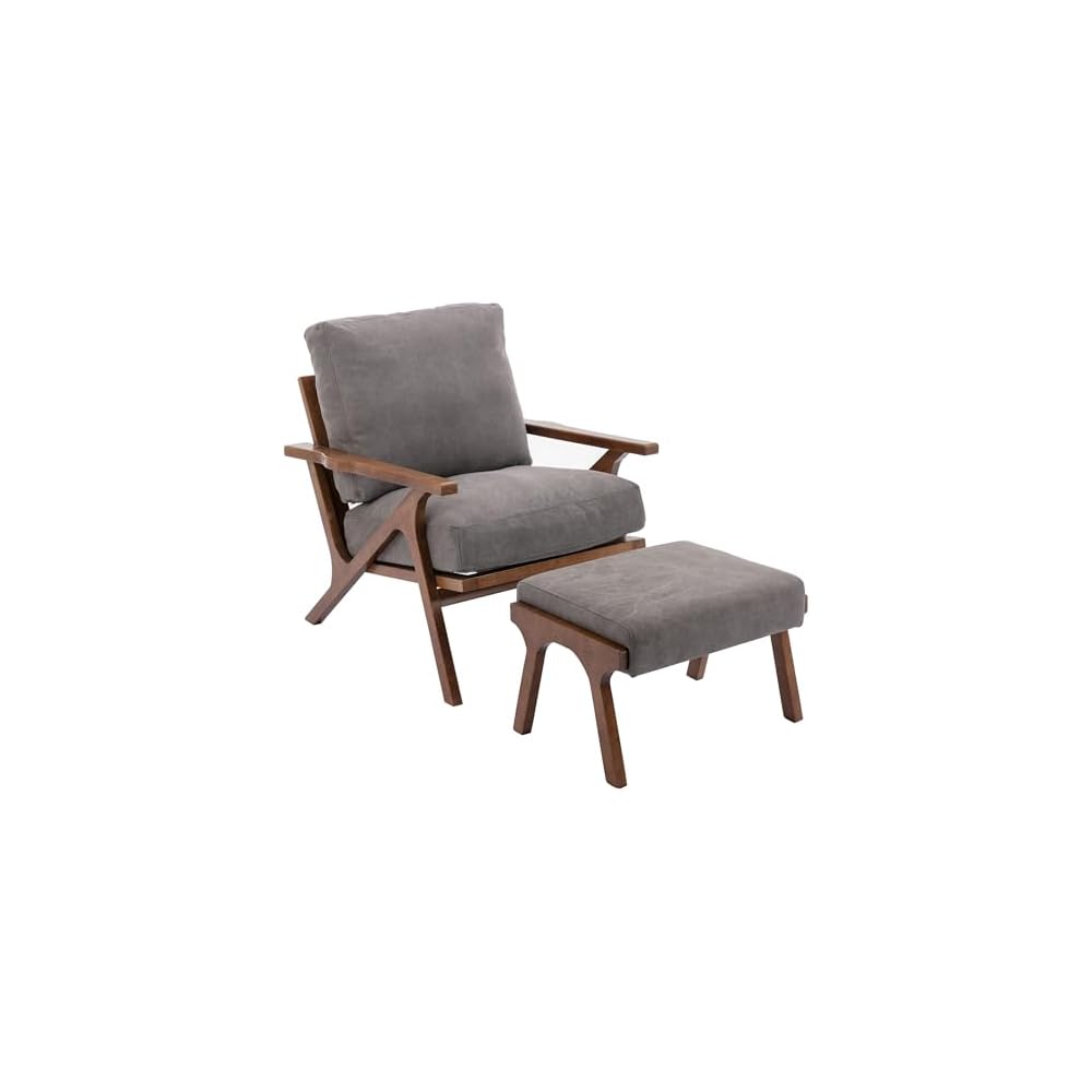 Mid Century Modern Accent Chair with ottoman, Farmhouse Linen Upholstered Living Room Armchair and Ottoman Set, 23" Seat Wide Retro Leisure Lounge Chair with Wood Frame for Home, Bedroom, Office, Grey