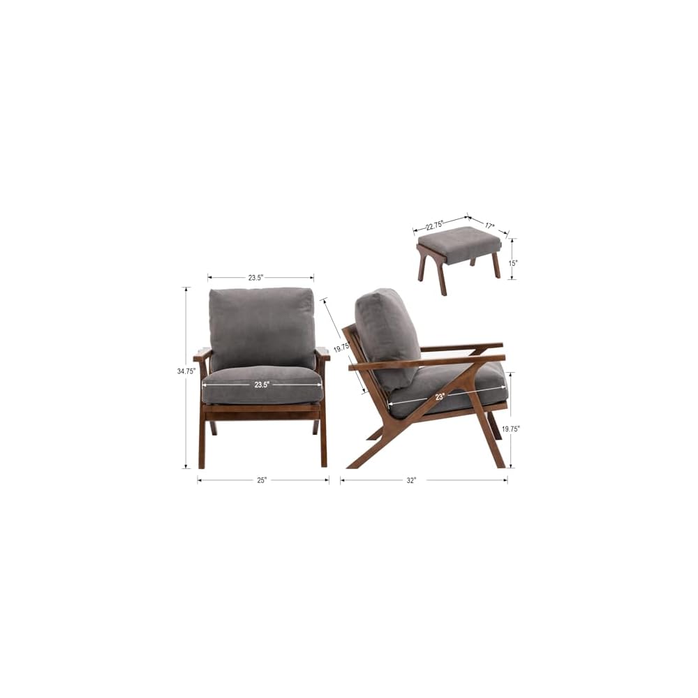 Mid Century Modern Accent Chair with ottoman, Farmhouse Linen Upholstered Living Room Armchair and Ottoman Set, 23" Seat Wide Retro Leisure Lounge Chair with Wood Frame for Home, Bedroom, Office, Grey