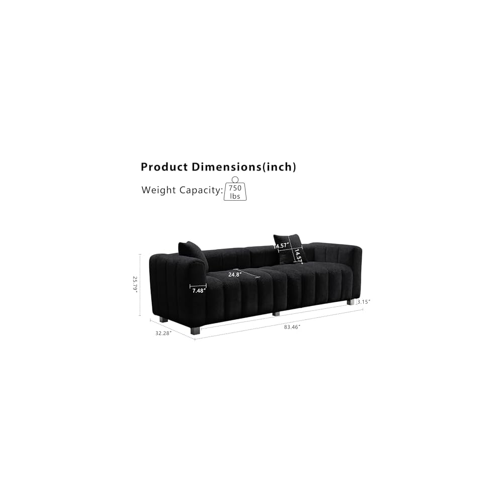 87.4" Piano Tufted Teddy Velvet 3-Seater Sofa, Black