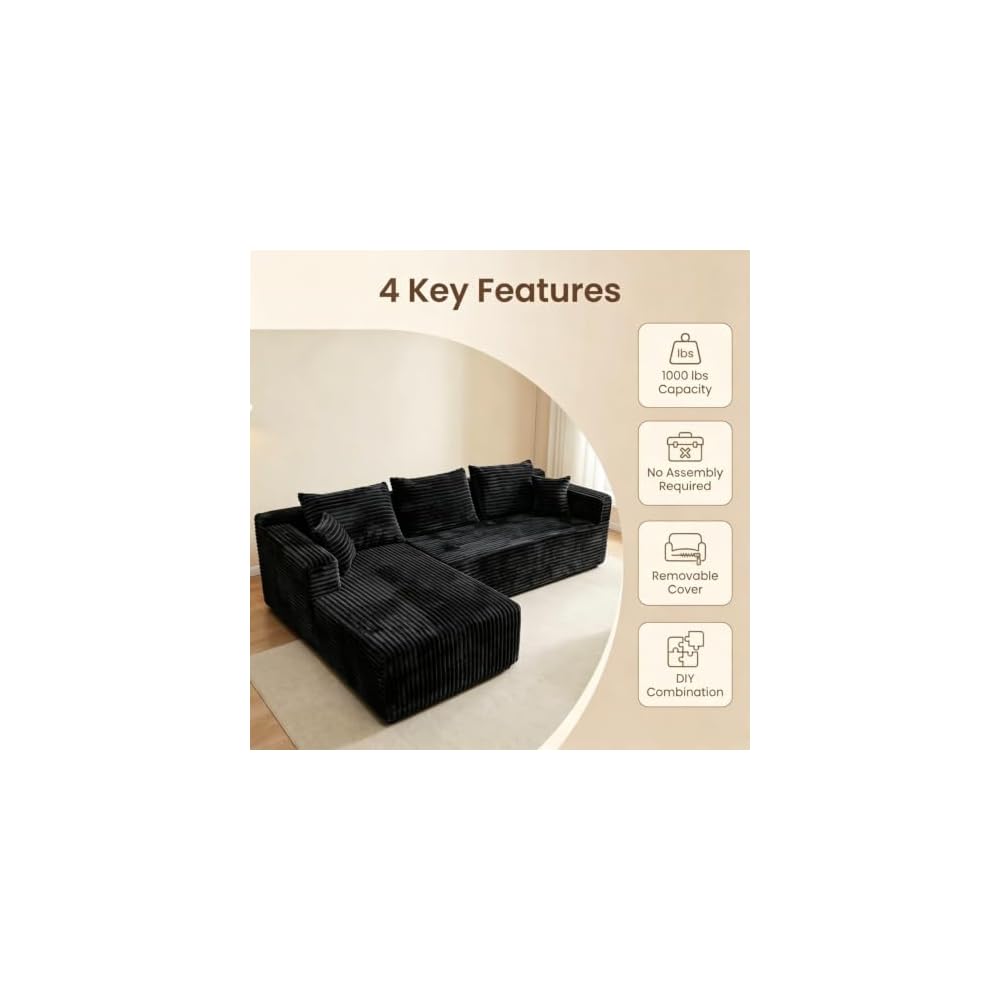 92" Large Cloud Couch, Corduroy Flannel Fabric Sectional Sofa, No Assembly Compression Sofa in a Box, Deep Seat Bone-Free Couch for Small Spaces, 1000 lbs Weight Capacity, Gray