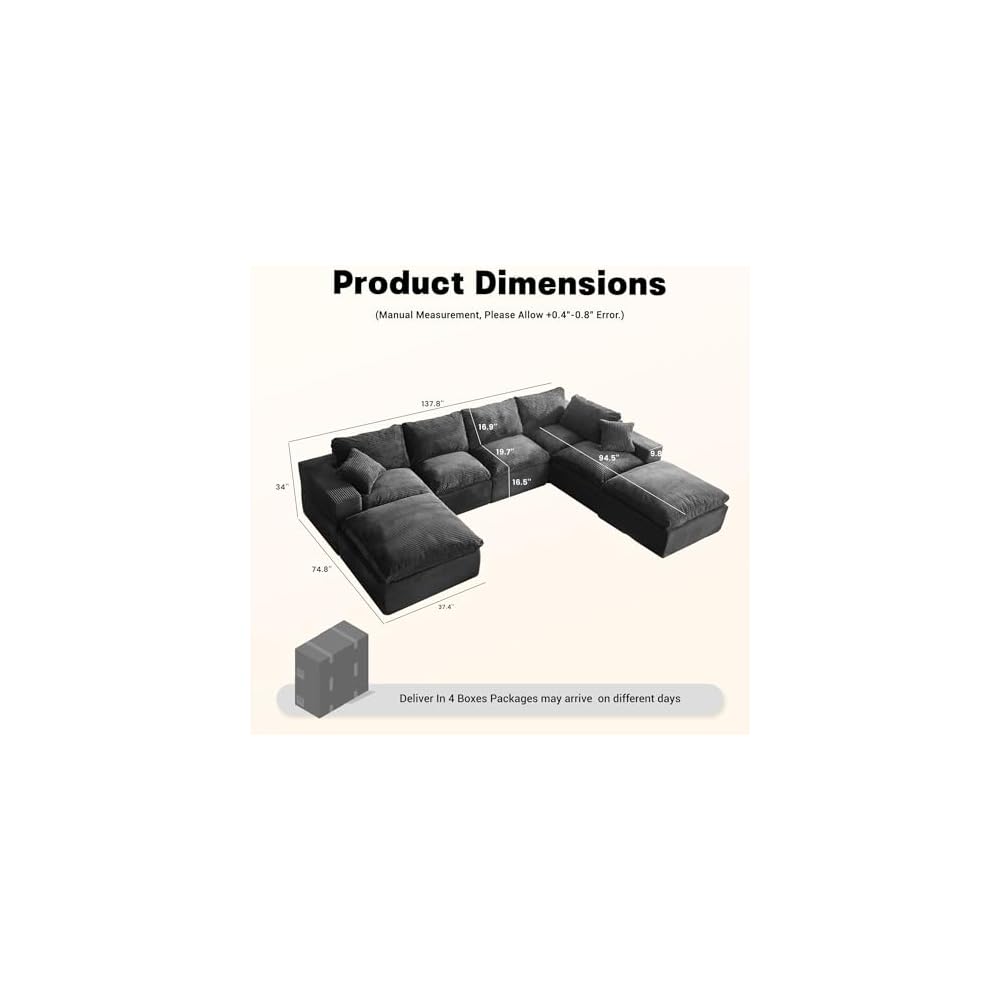 Afuson 137.8” Sectional Couches for Living Room, Set of Cloud Couch, Modular Sectional Sofa, Convertible Sofas Bed, Deep Seat Sofa, Sleeper Sofa Full Size, Corduroy, Gray