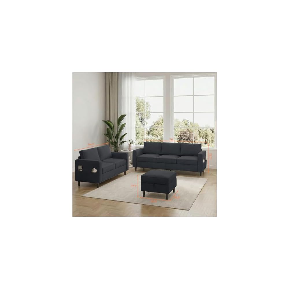 CECER 2 Piece Sofa Sets with Storage Ottoman for Living Room-Dark Grey