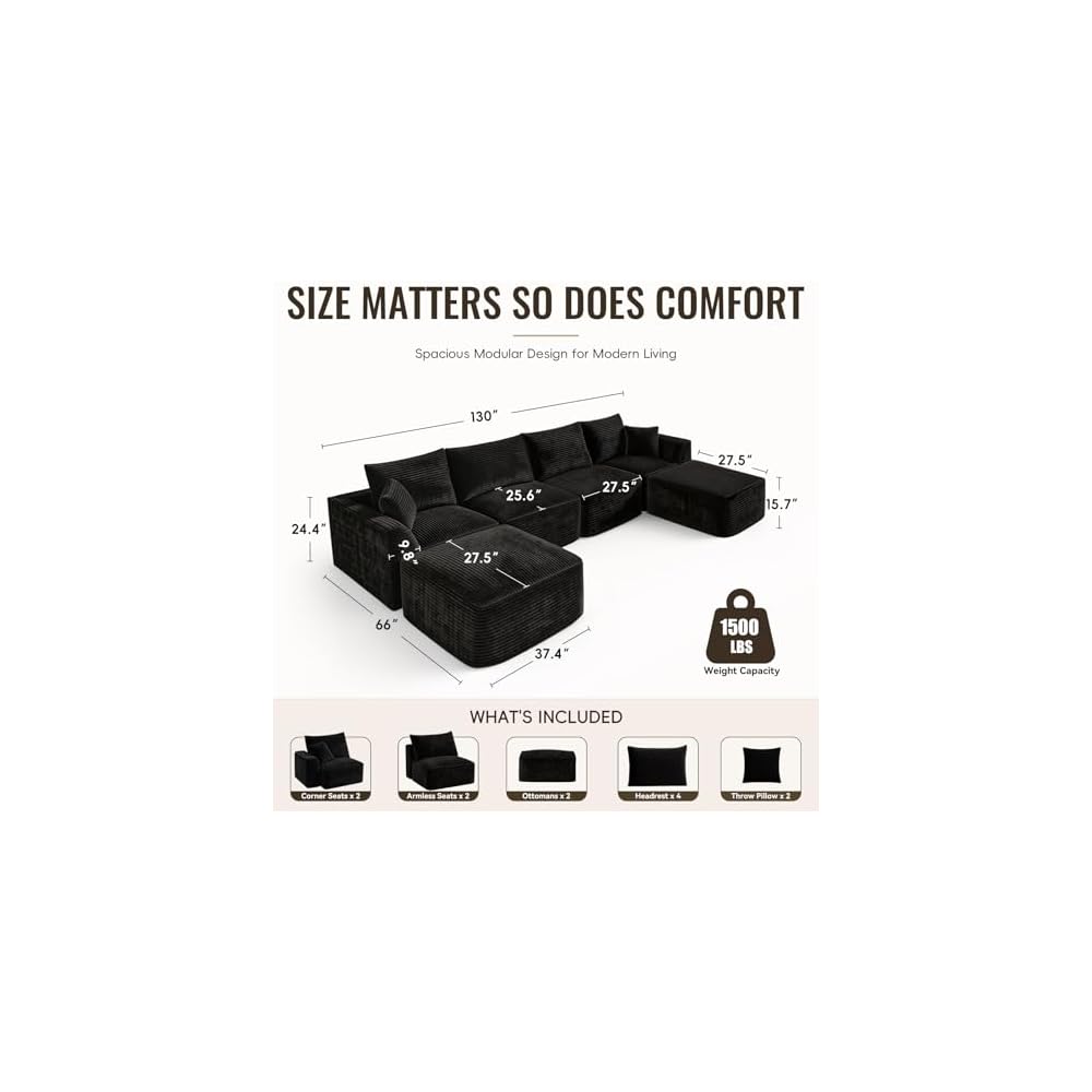 130" Modular Cloud Couch for Living Room, Black