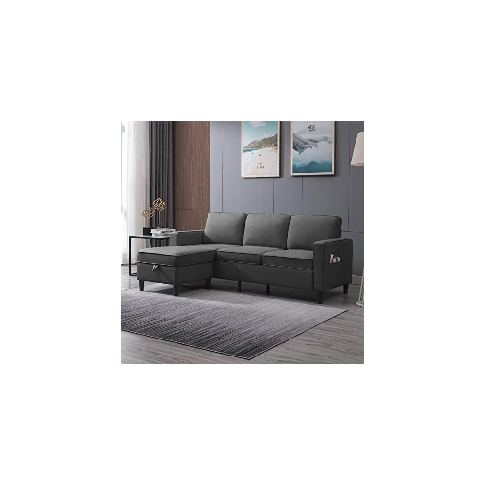 Mjkone Sectional Sofa for Living Room | 3 Seater Convertible Sofa Couch with 2 Side Pockets | Modern Modular Sofa with Storage Ottoman | Small Sofa Chaise for Small Places | Office (Dark Grey)