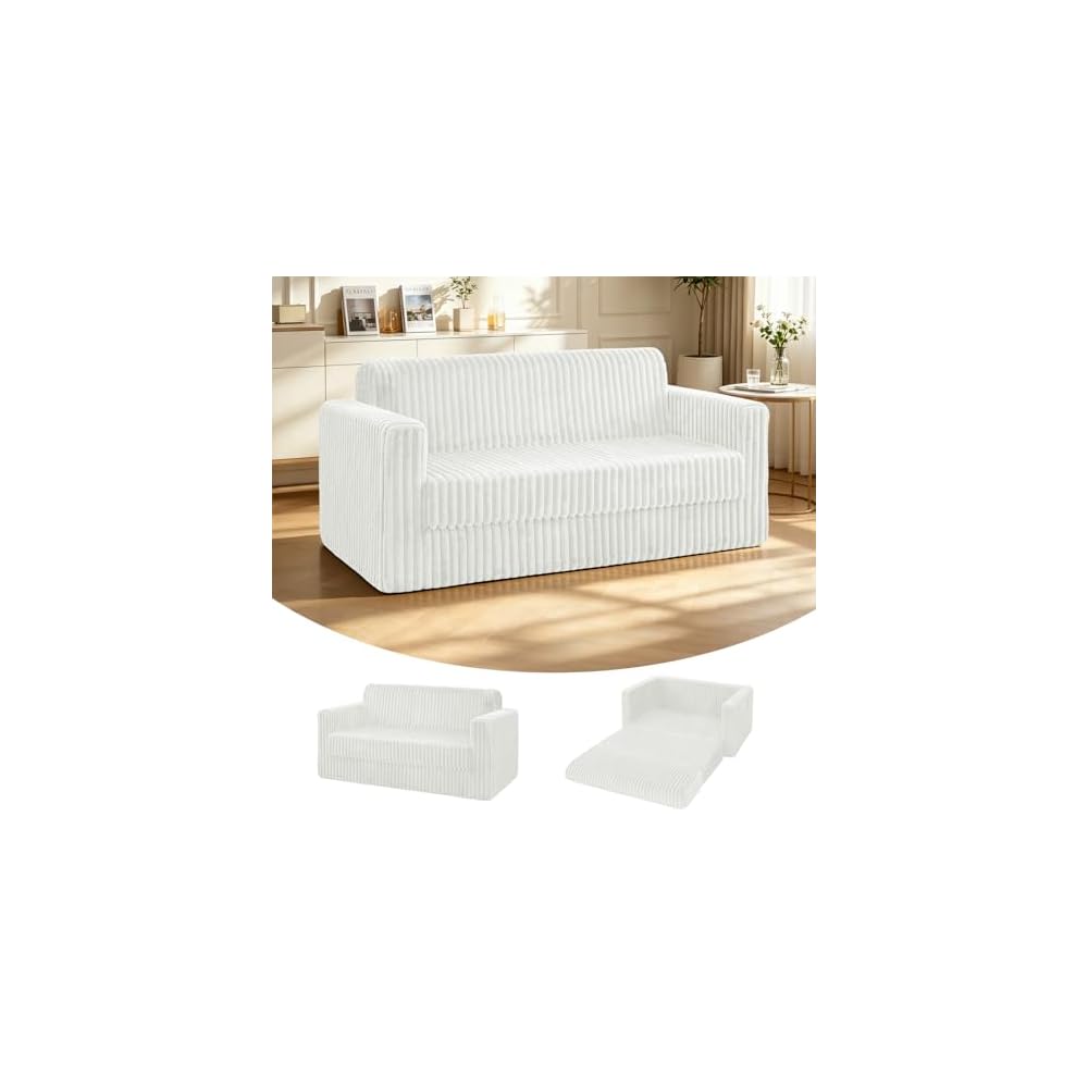 HABUTWAY 49.8" Loveseat Boneless Couch, 4-in-1 Convertible Sofa Bed, Plush Fur Folding Futon Sofa Bed Couches Without Pillow for Living Room, High-Density Foam Support, No Assembly Required, Beige