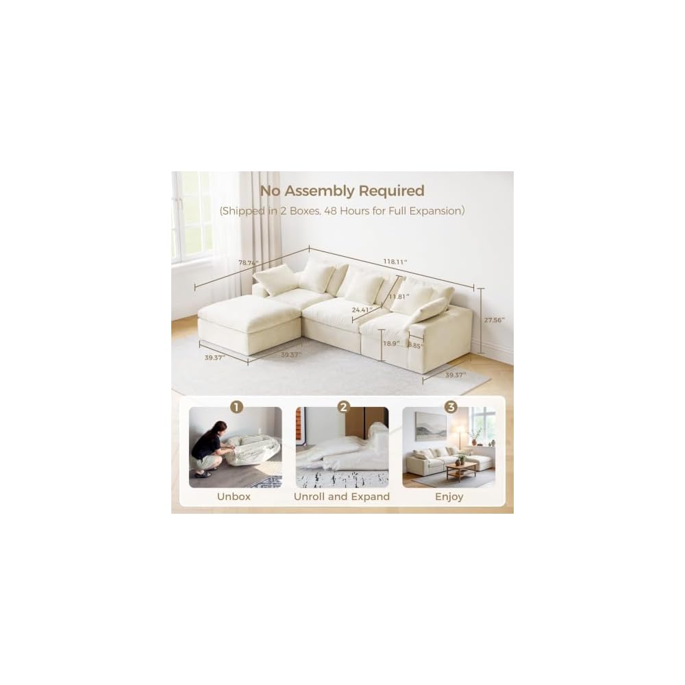 120" Modular Cloud Couch, 3-Seater Boneless Sectional Sofa W/Ottoman