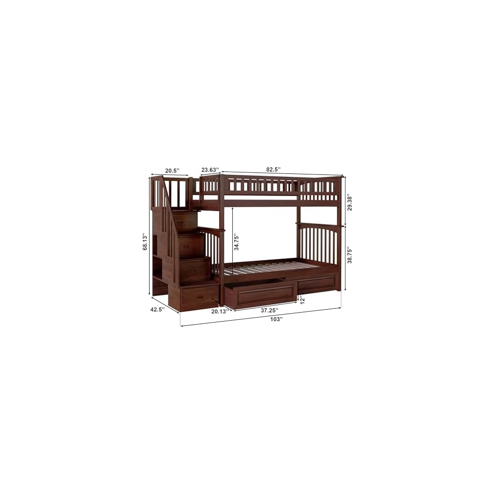 AFI, Columbia Staircase Bunk Bed Twin Over Twin & Raised Panel Bed Drawers, Walnut