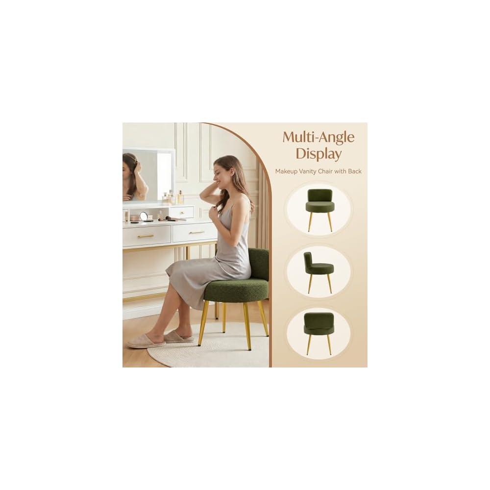 Warmiehomy Cute Vanity Chair with Back - Girls Fluffy Makeup Chair for Vanity - Small Cozy Desk Chair No Wheels for Bedroom Home Office Living Room (Green)