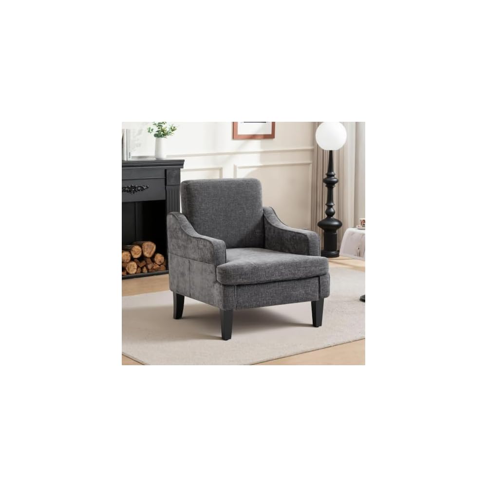 Mid-Century Accent Chair, Comfy Arm Chair Upholstered Living Room Chair for Bedroom, Fabric Reading Chair with Wood Legs for Apartment, Waiting Room, Vanity Room (Darkgray)