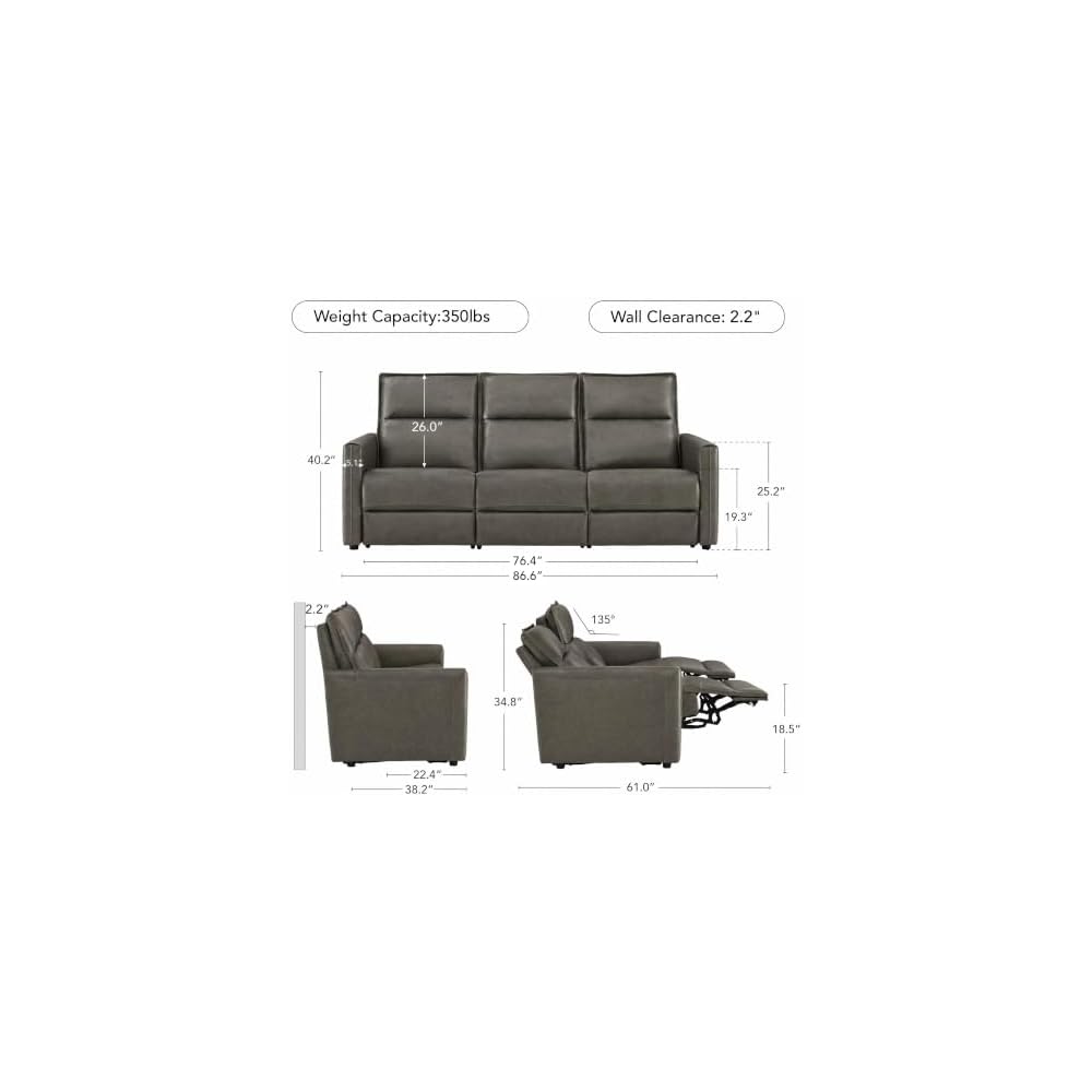 CHITA Genuine Leather Couch, 3-seat 2 Power Recliner Sofa, Dark Gray